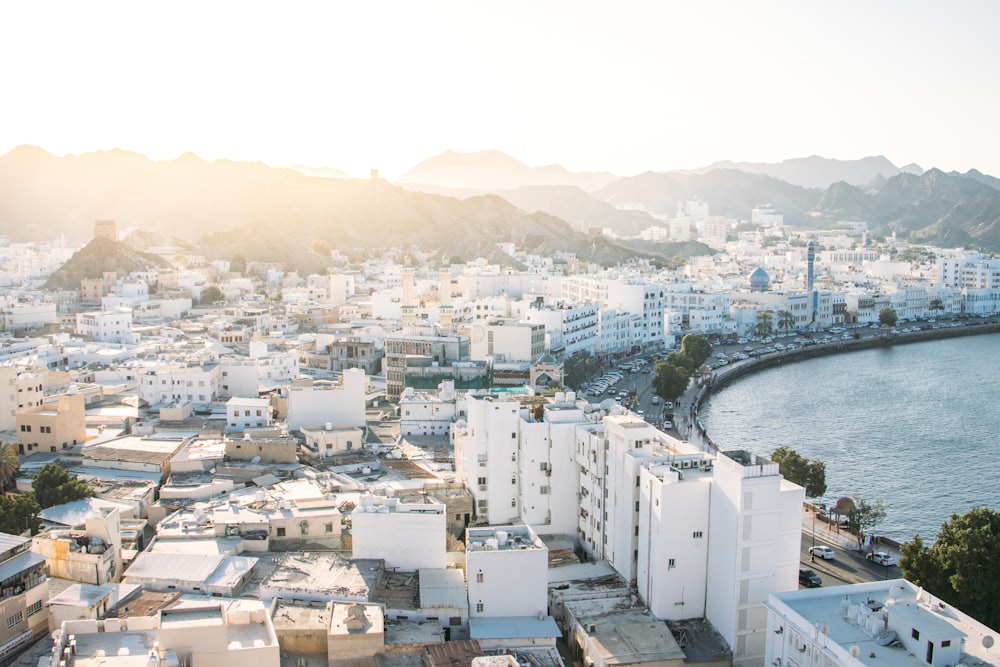 Muttrah in Muscat, low-rise white housing along the bay below the Hajar mountains
